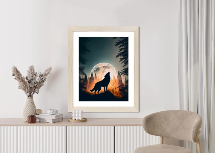 Plakat Wilk Wyjący Na Skale Przy Księżycu
