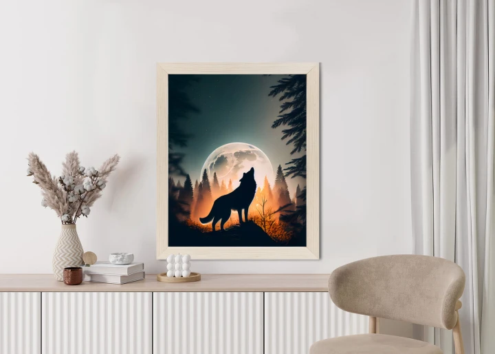 Plakat Wilk Wyjący Na Skale Przy Księżycu
