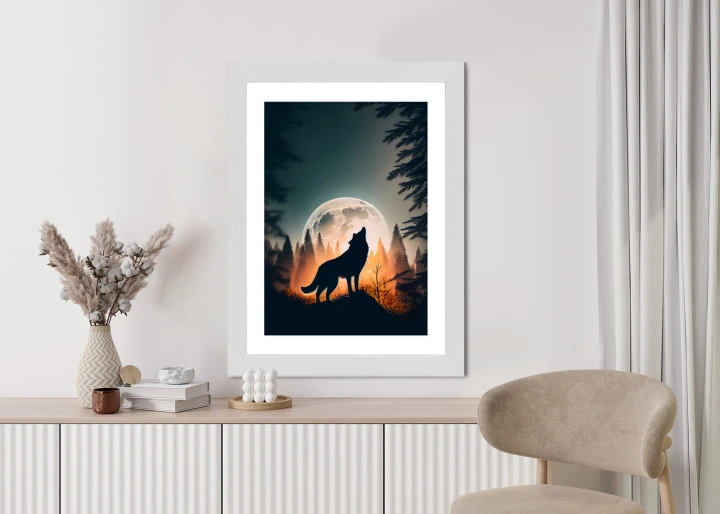 Plakat Wilk Wyjący Na Skale Przy Księżycu