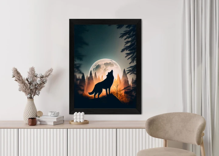 Plakat Wilk Wyjący Na Skale Przy Księżycu