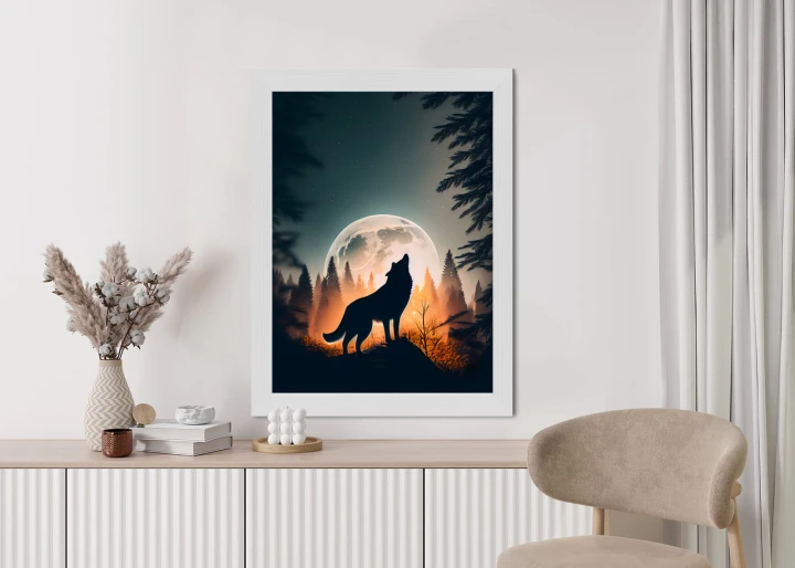 Plakat Wilk Wyjący Na Skale Przy Księżycu