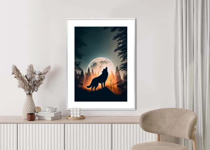 Plakat Wilk Wyjący Na Skale Przy Księżycu