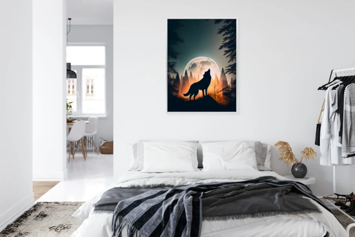 Plakat Wilk Wyjący Na Skale Przy Księżycu