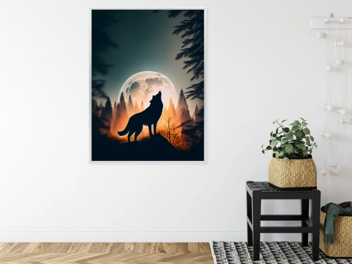 Plakat Wilk Wyjący Na Skale Przy Księżycu