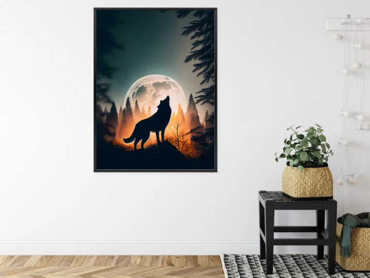 Plakat Wilk Wyjący Na Skale Przy Księżycu