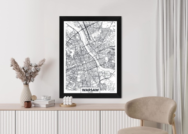 Plakat Warszawa Czarno Biała Szczegółowa Mapa Miasta