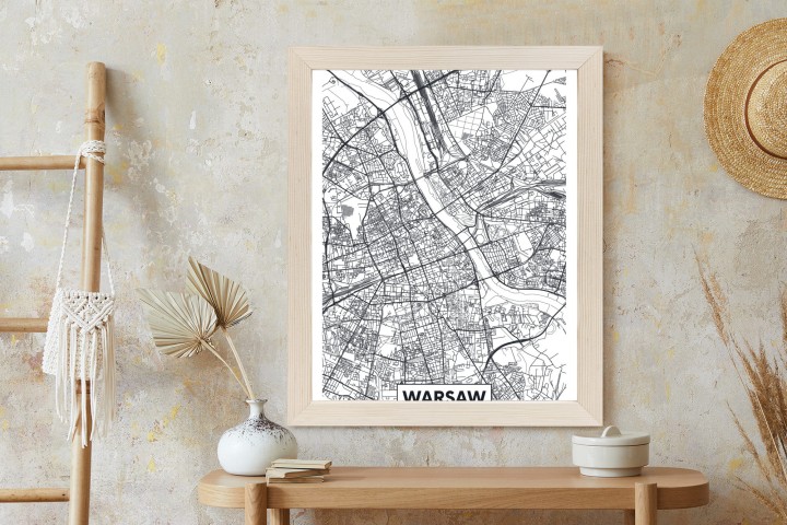 Plakat Warszawa Czarno Biała Szczegółowa Mapa Miasta