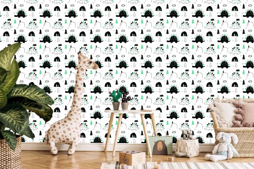 Tapeta Do Pokoju Dziecka Dinozaury, Drzewa, Chmury