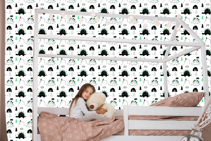 Tapeta Do Pokoju Dziecka Dinozaury, Drzewa, Chmury