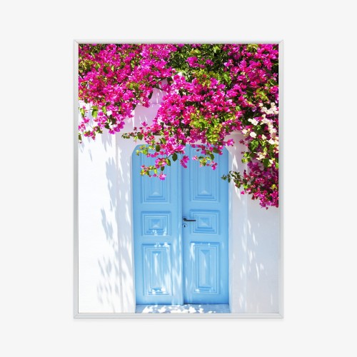 Plakat Niebieskie Drzwi I Różowe Kwiaty Tradycyjna Grecka Architektura