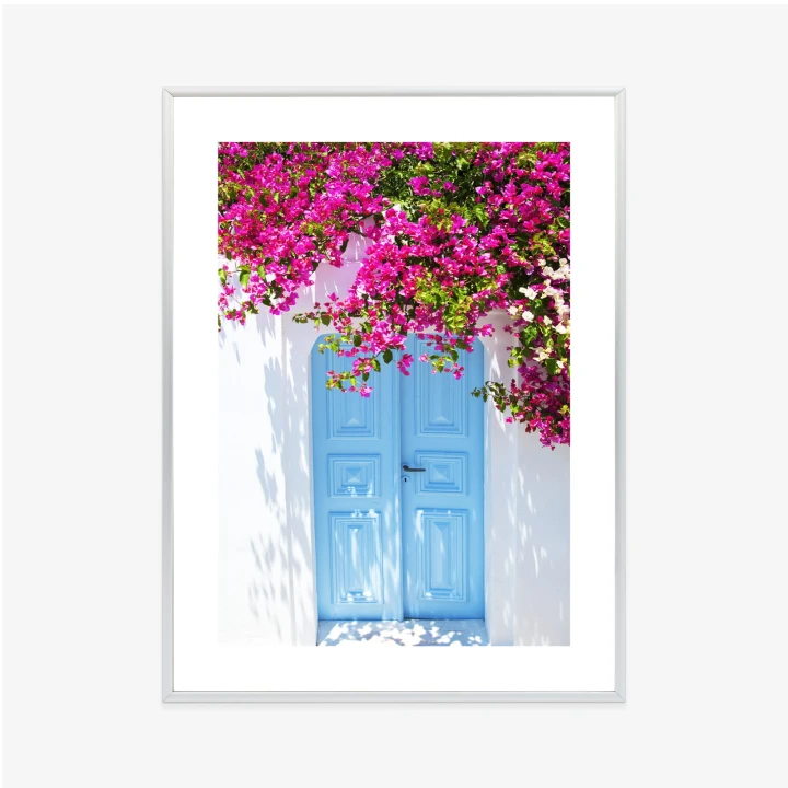 Plakat Niebieskie Drzwi I Różowe Kwiaty Tradycyjna Grecka Architektura