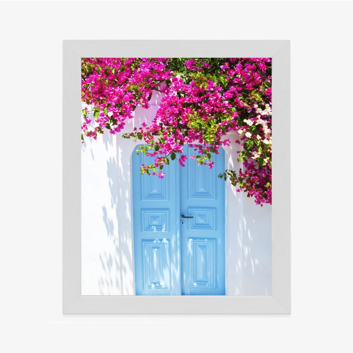 Plakat Niebieskie Drzwi I Różowe Kwiaty Tradycyjna Grecka Architektura