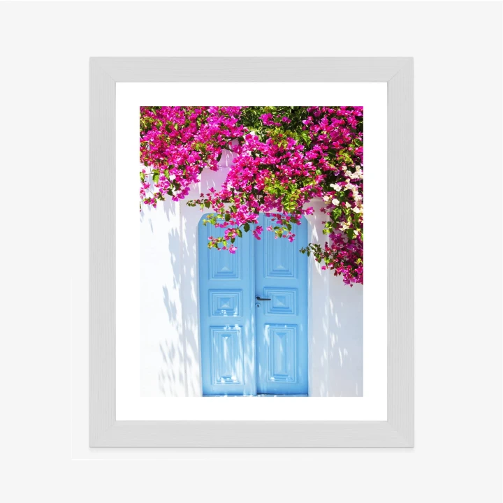 Plakat Niebieskie Drzwi I Różowe Kwiaty Tradycyjna Grecka Architektura