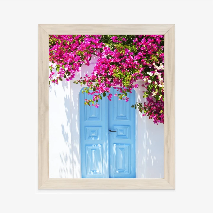 Plakat Niebieskie Drzwi I Różowe Kwiaty Tradycyjna Grecka Architektura