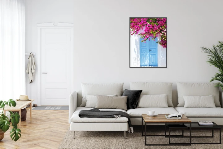 Plakat Niebieskie Drzwi I Różowe Kwiaty Tradycyjna Grecka Architektura