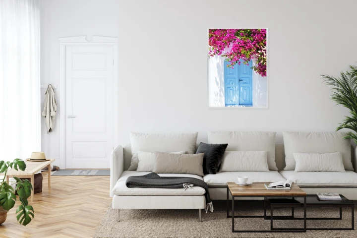 Plakat Niebieskie Drzwi I Różowe Kwiaty Tradycyjna Grecka Architektura