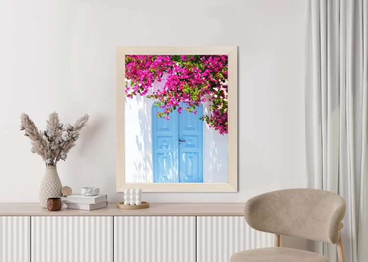 Plakat Niebieskie Drzwi I Różowe Kwiaty Tradycyjna Grecka Architektura