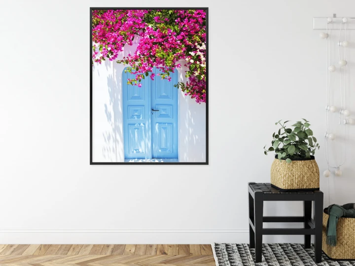 Plakat Niebieskie Drzwi I Różowe Kwiaty Tradycyjna Grecka Architektura