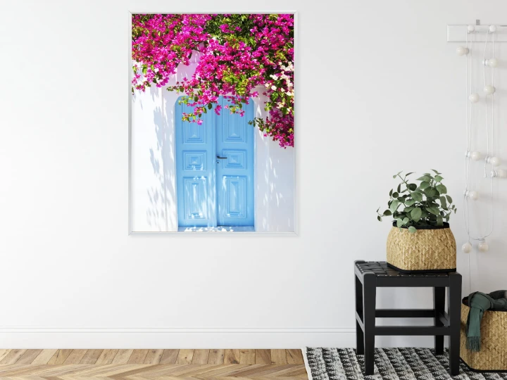 Plakat Niebieskie Drzwi I Różowe Kwiaty Tradycyjna Grecka Architektura