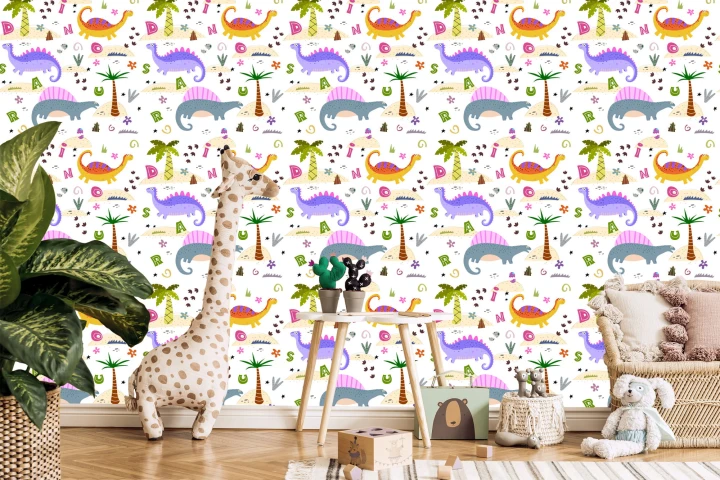 Tapeta Kolorowa Dinozaury Palmy, Do Pokoju Dziecka