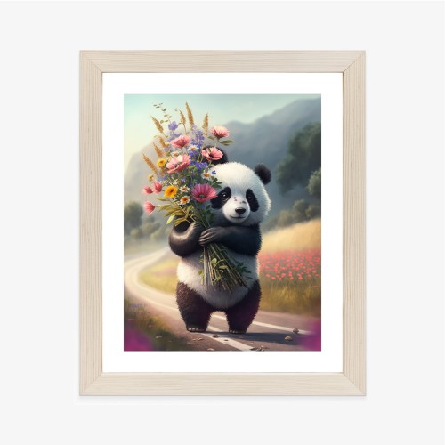 Plakat Panda Trzymająca Kwiaty