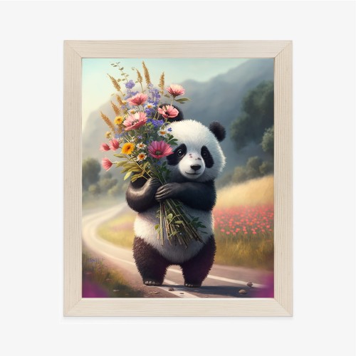 Plakat Panda Trzymająca Kwiaty