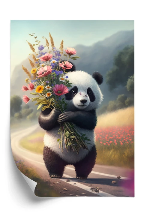 Plakat Panda Trzymająca Kwiaty