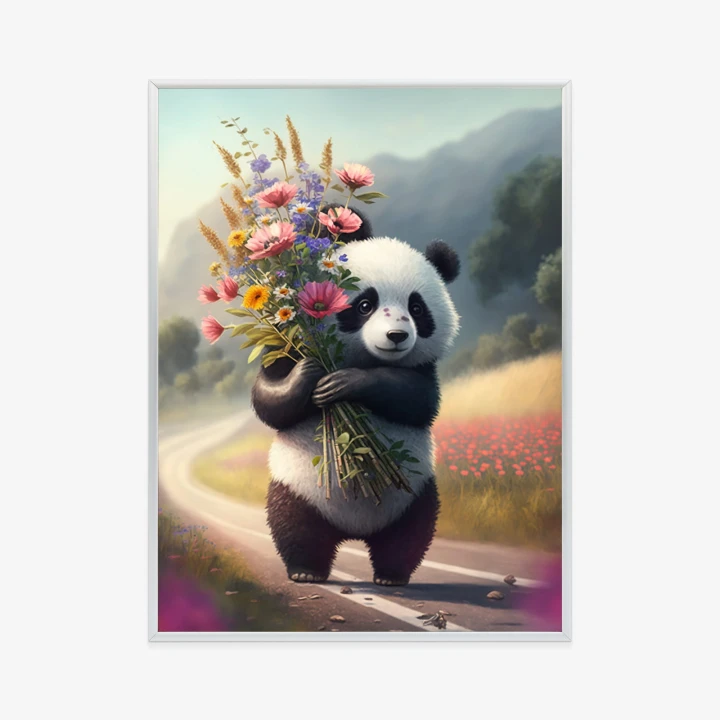 Plakat Panda Trzymająca Kwiaty