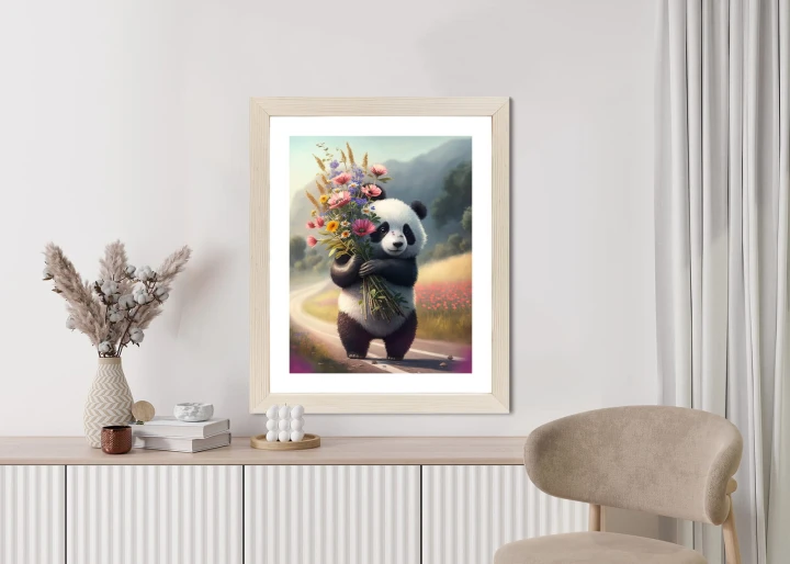 Plakat Panda Trzymająca Kwiaty