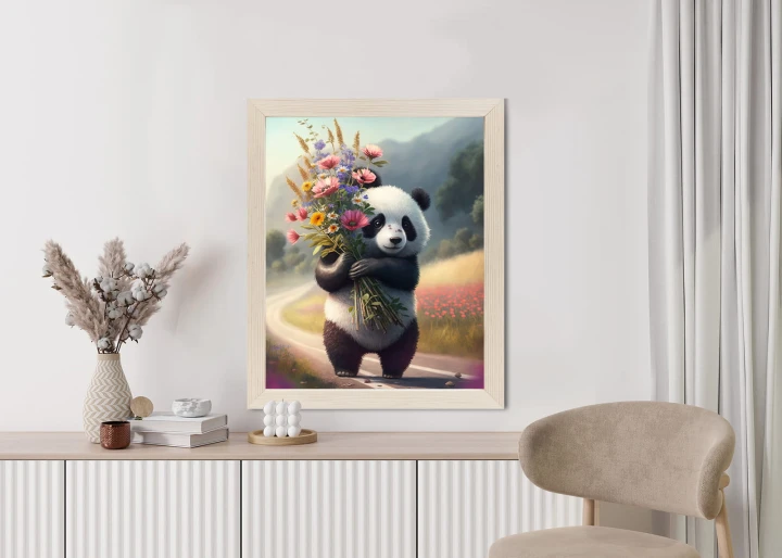 Plakat Panda Trzymająca Kwiaty