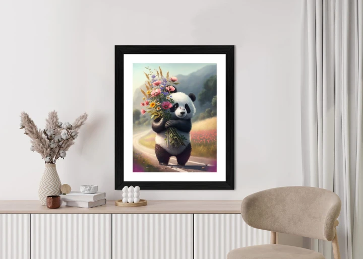 Plakat Panda Trzymająca Kwiaty