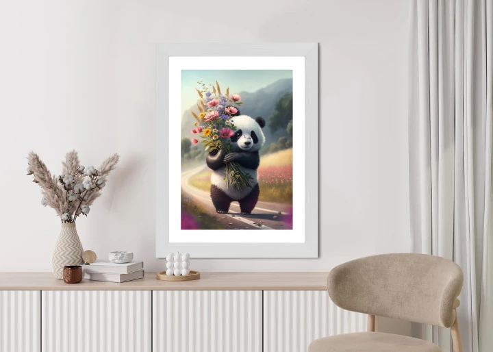 Plakat Panda Trzymająca Kwiaty