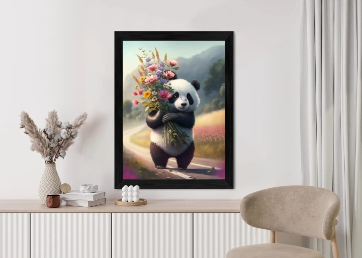 Plakat Panda Trzymająca Kwiaty