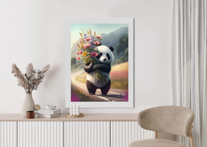 Plakat Panda Trzymająca Kwiaty