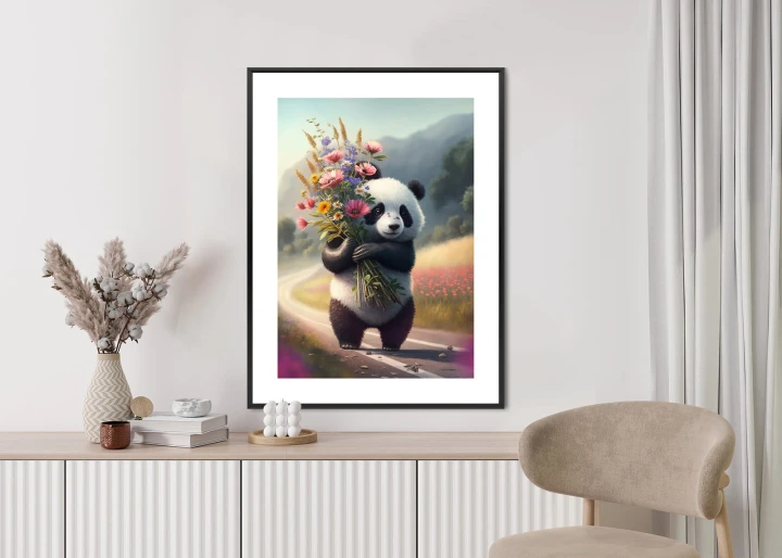 Plakat Panda Trzymająca Kwiaty