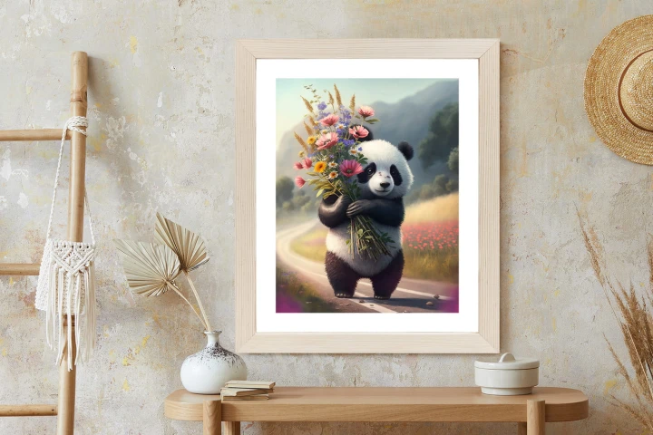 Plakat Panda Trzymająca Kwiaty