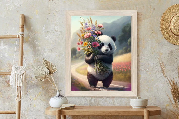 Plakat Panda Trzymająca Kwiaty