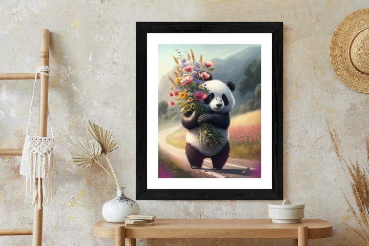 Plakat Panda Trzymająca Kwiaty