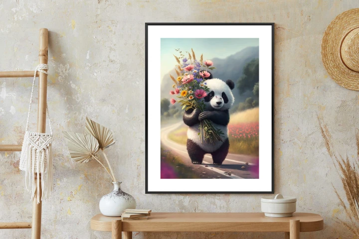 Plakat Panda Trzymająca Kwiaty