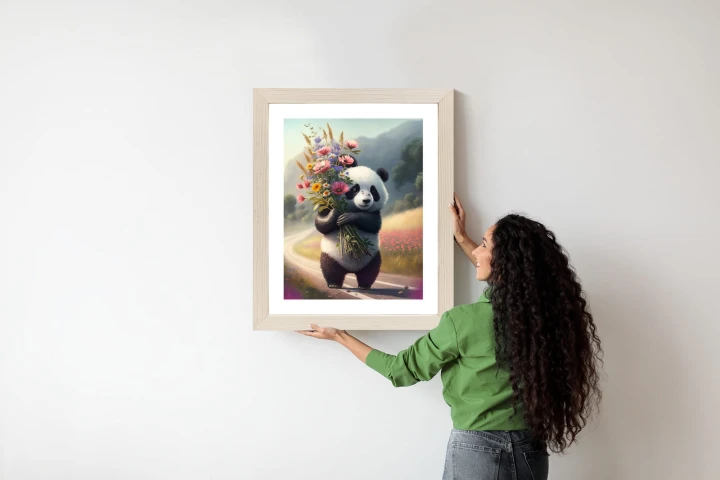 Plakat Panda Trzymająca Kwiaty