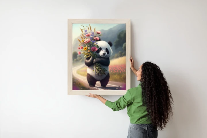 Plakat Panda Trzymająca Kwiaty
