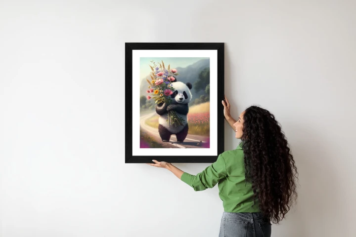 Plakat Panda Trzymająca Kwiaty