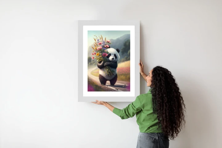 Plakat Panda Trzymająca Kwiaty