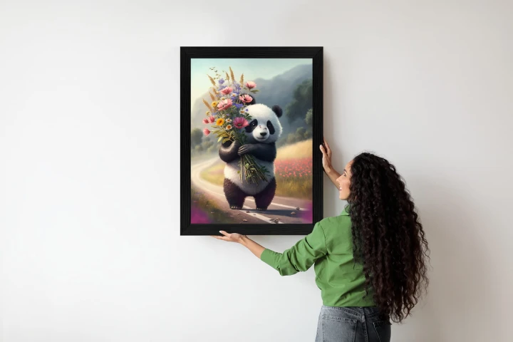 Plakat Panda Trzymająca Kwiaty