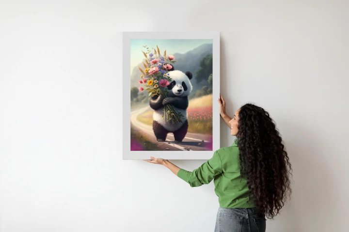 Plakat Panda Trzymająca Kwiaty
