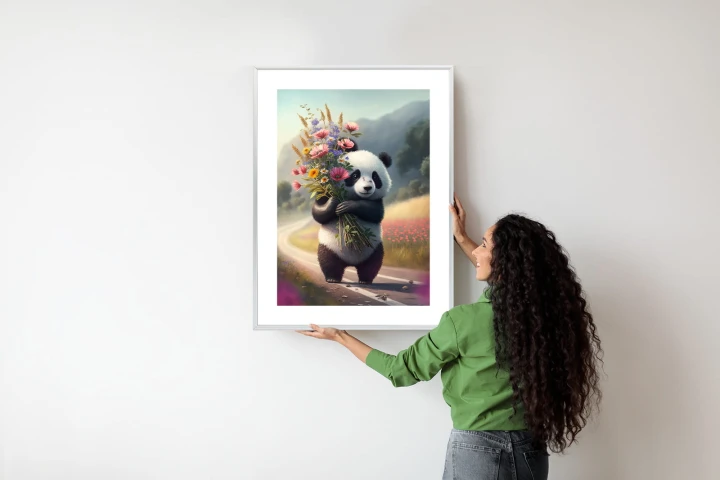 Plakat Panda Trzymająca Kwiaty