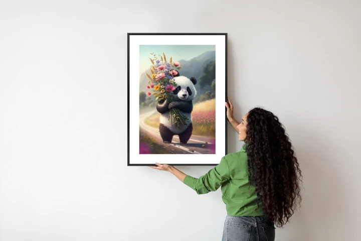 Plakat Panda Trzymająca Kwiaty