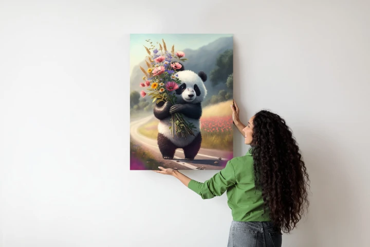 Plakat Panda Trzymająca Kwiaty