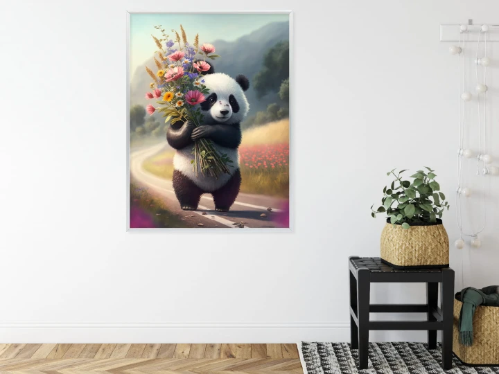Plakat Panda Trzymająca Kwiaty