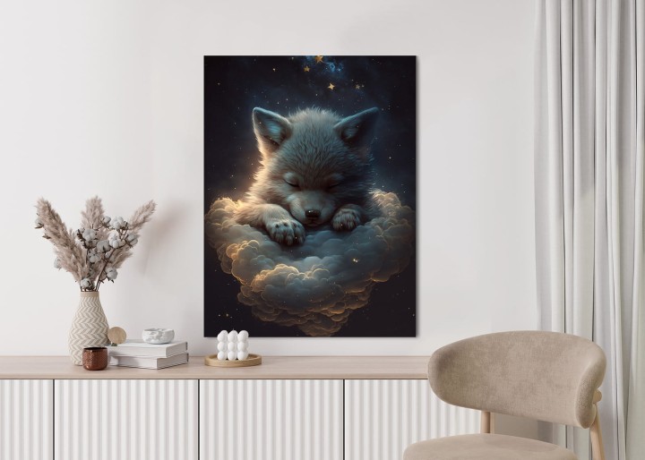 Plakat Uroczy Wilczek Zwierzę Śpiące Na Puszystych Chmurach